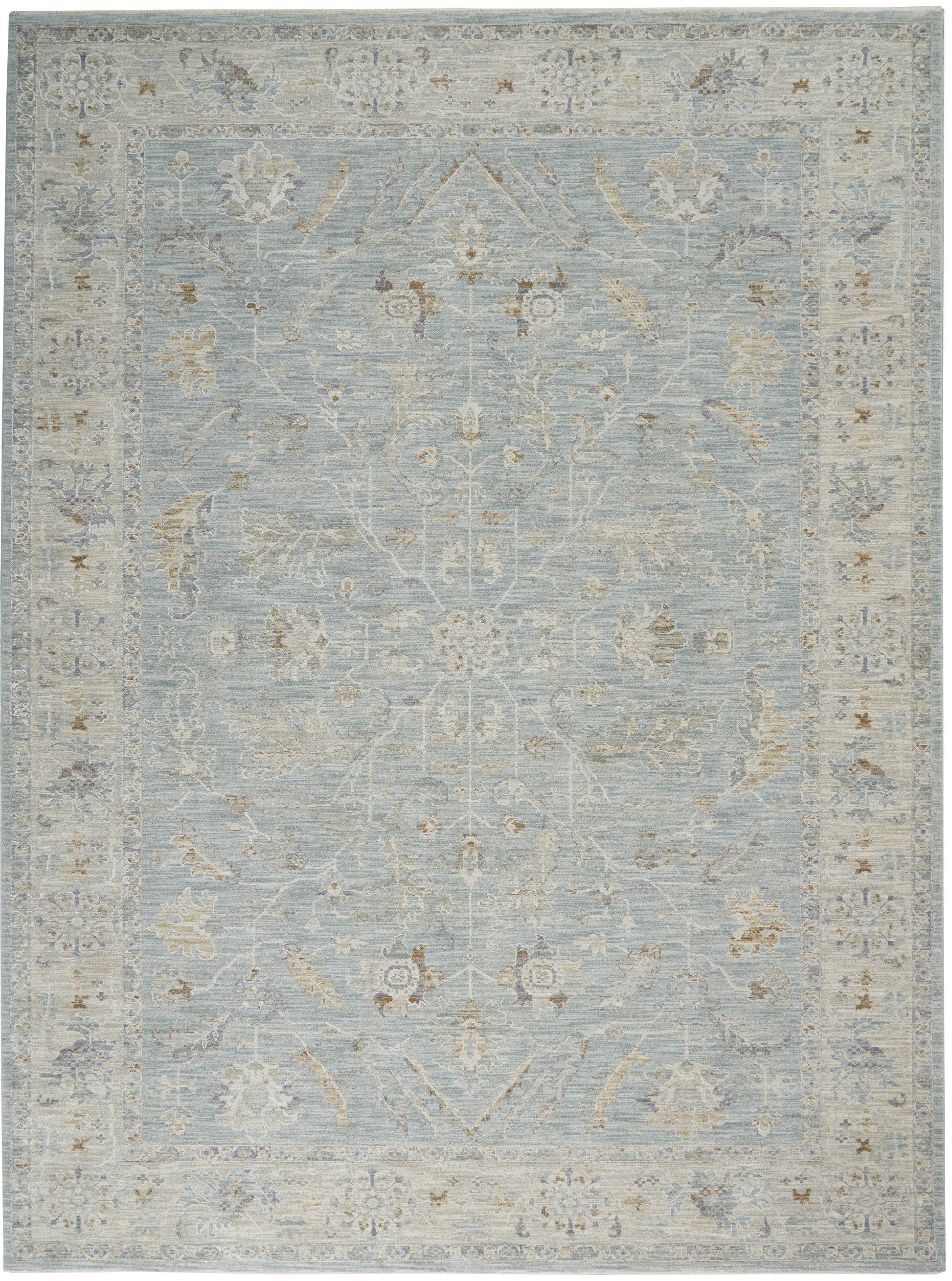 Rectangular light-blue Persian-style rug with ivory border and pale floral vines for traditional living spaces.