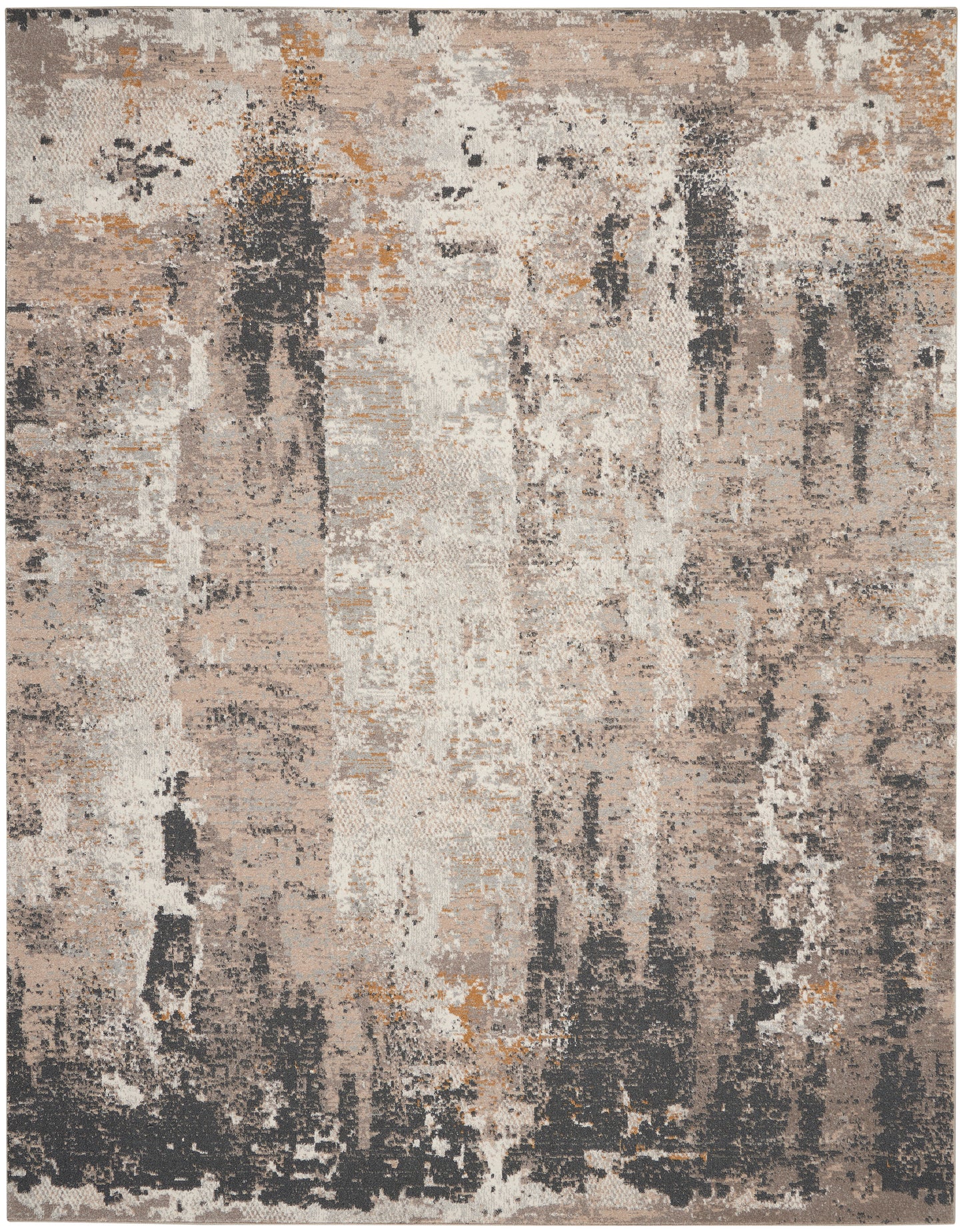 Rectangular abstract area rug in beige, taupe, gray and black with orange accents; distressed pattern for modern spaces.