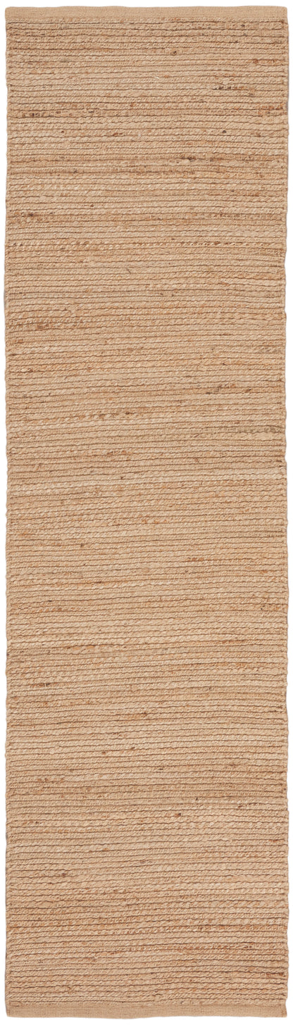 Natural beige jute runner with coarse woven stripes; long narrow hallway rug.