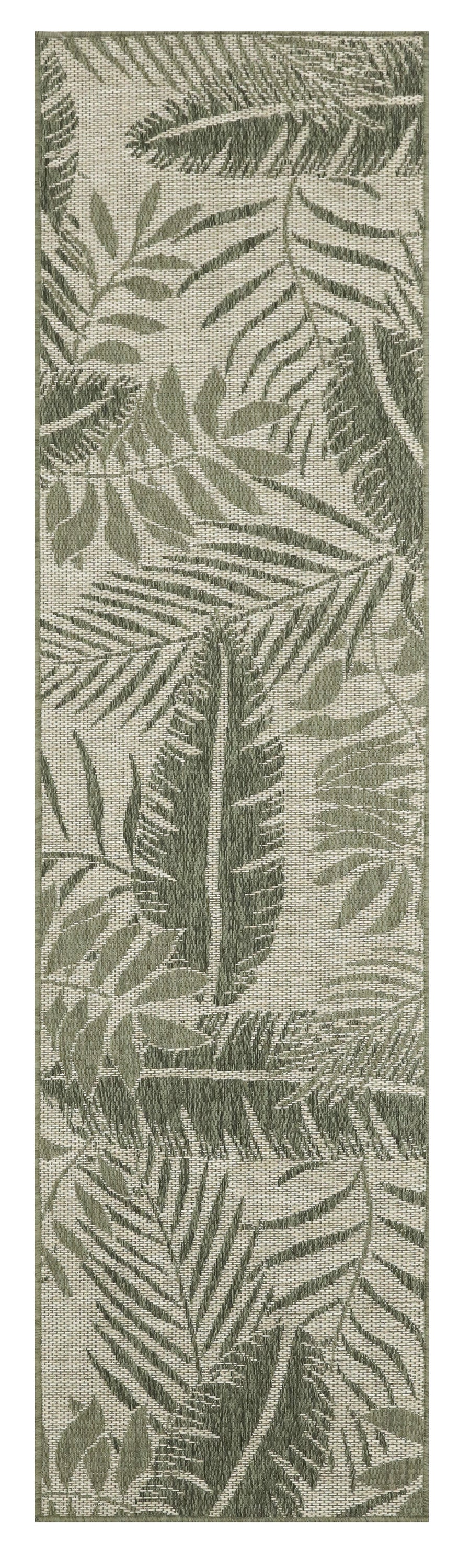 Long narrow beige textile with muted olive-green palm leaf pattern; tropical botanical fabric.