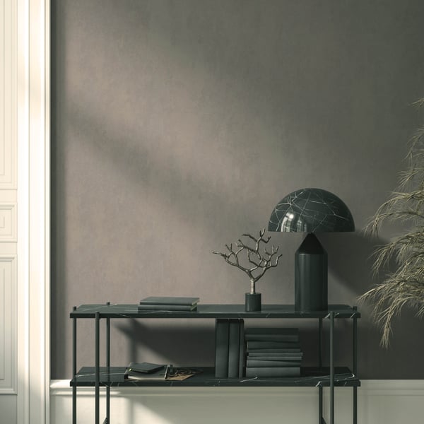Minimalist black metal console with stacked books, a small bare-tree sculpture, and a black dome lamp against a grey wall.
