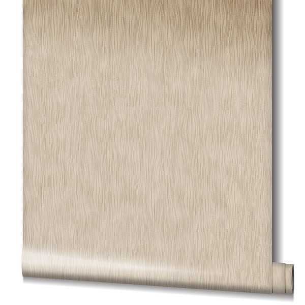 Beige textured wallpaper with subtle vertical wavy grain, rolled at the bottom corner.
