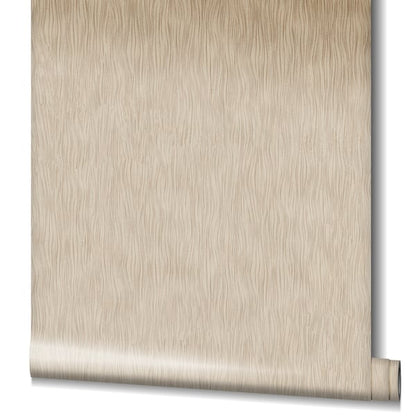Beige textured wallpaper with subtle vertical wavy grain, rolled at the bottom corner.