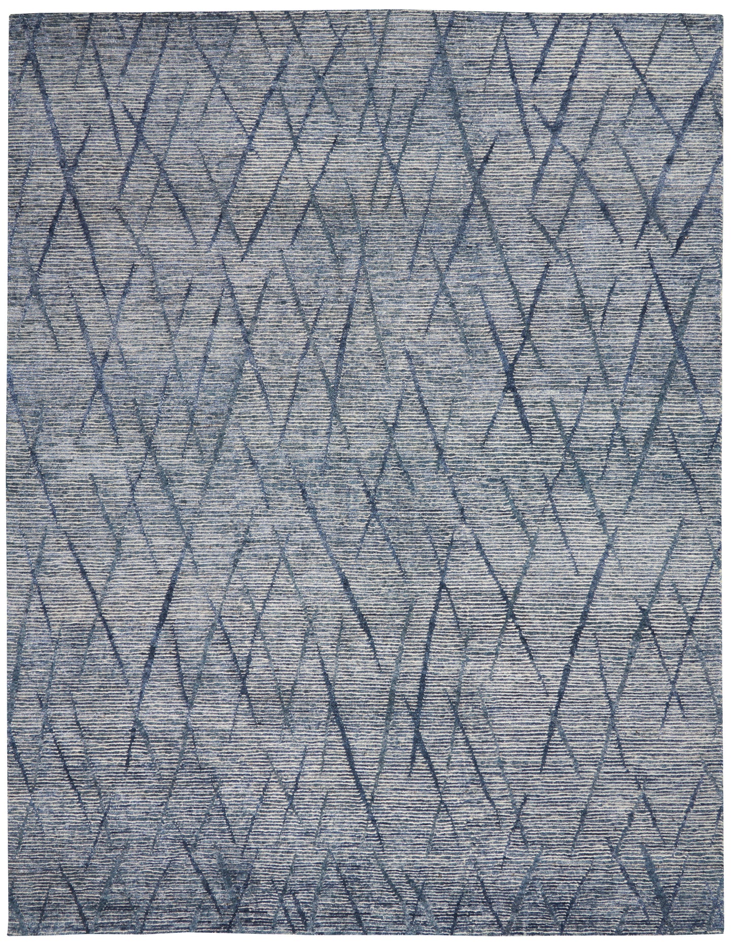 Blue-gray rug with intersecting diagonal lines forming diamonds; textured woven surface.