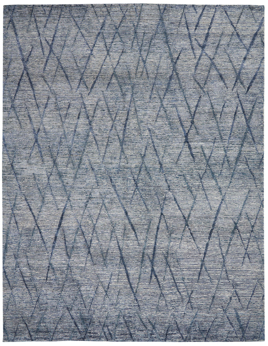 Blue-gray rug with intersecting diagonal lines forming diamonds; textured woven surface.