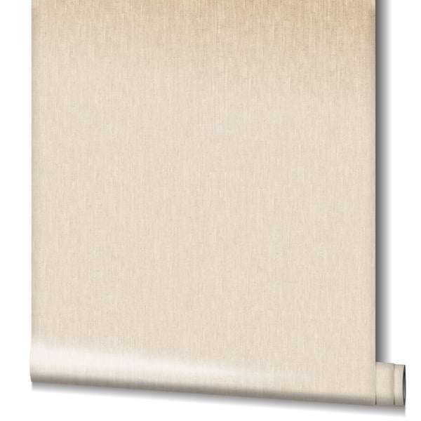 Beige linen-textured wallpaper roll with rolled bottom edge; neutral cream wallcovering.