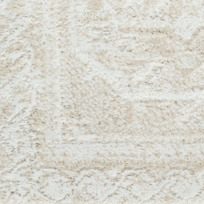 Creamy ivory shag rug with dense plush pile and soft textured surface, ideal for living rooms.
