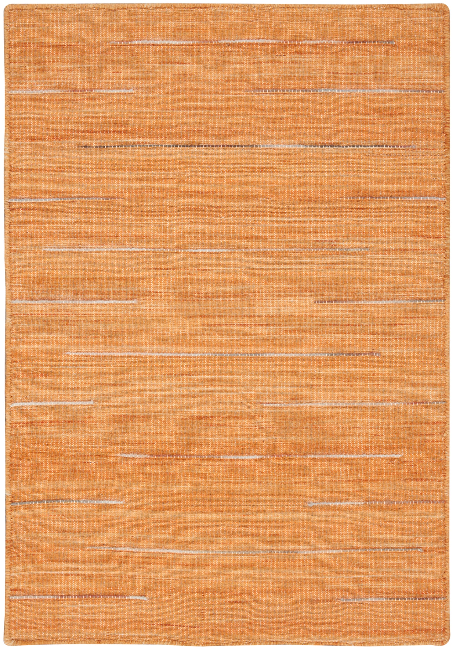 Orange flatwoven rug with subtle pale horizontal slubs; rectangular, textured woven floor rug.