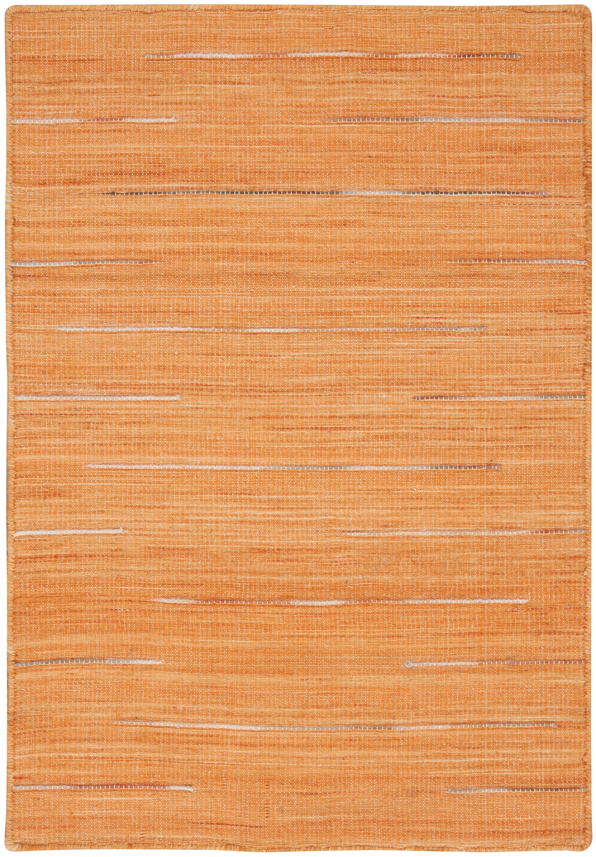 Orange flatwoven rug with subtle pale horizontal slubs; rectangular, textured woven floor rug.