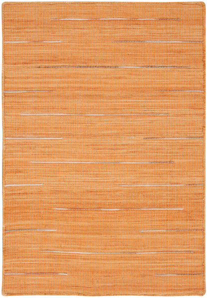 Orange flatwoven rug with subtle pale horizontal slubs; rectangular, textured woven floor rug.