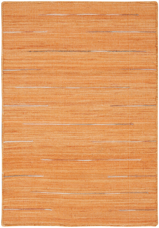 Orange flatwoven rug with subtle pale horizontal slubs; rectangular, textured woven floor rug.