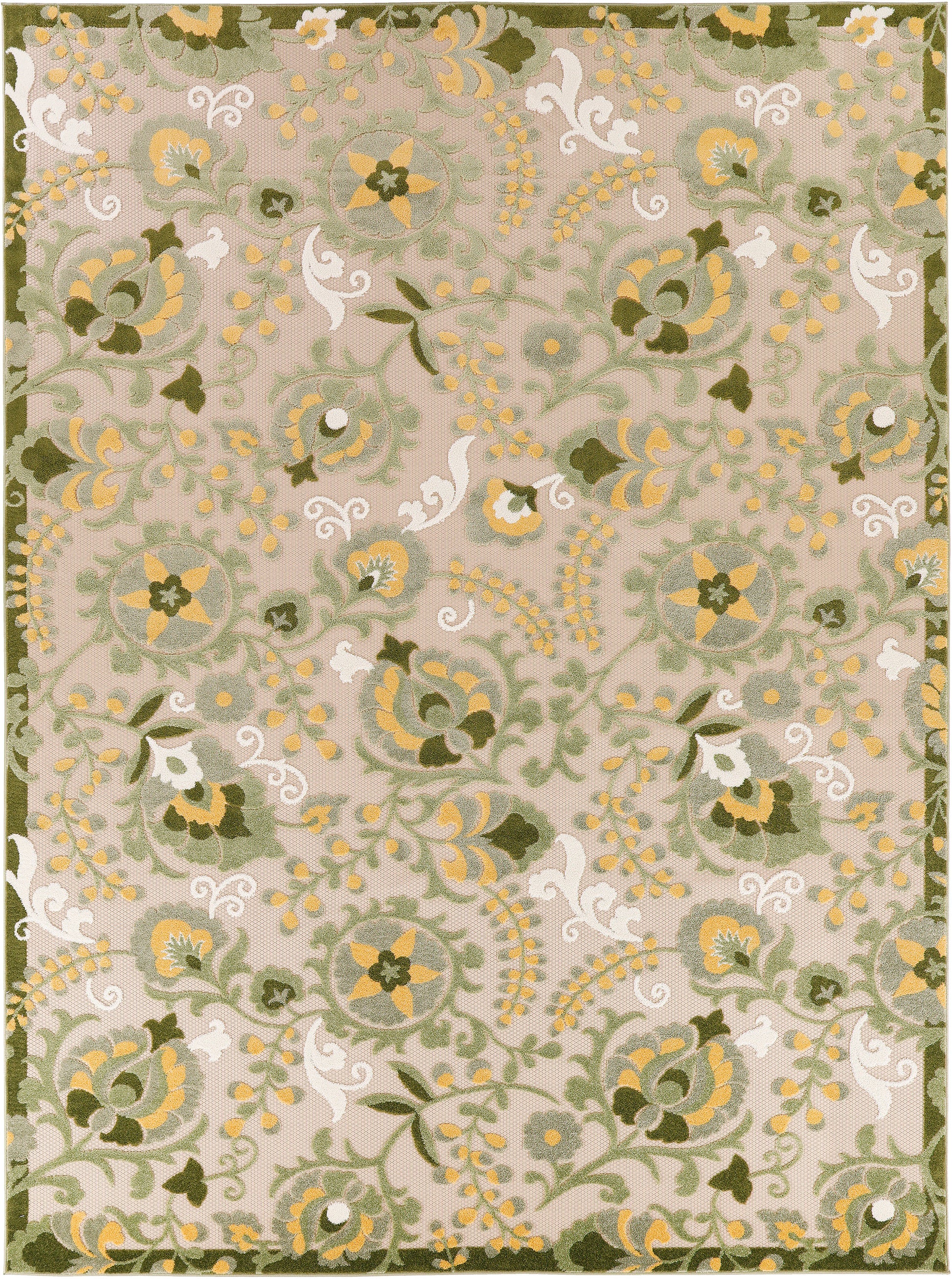 Beige area rug with green and yellow floral scroll pattern and dark green border.