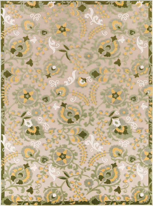 Beige area rug with green and yellow floral scroll pattern and dark green border.