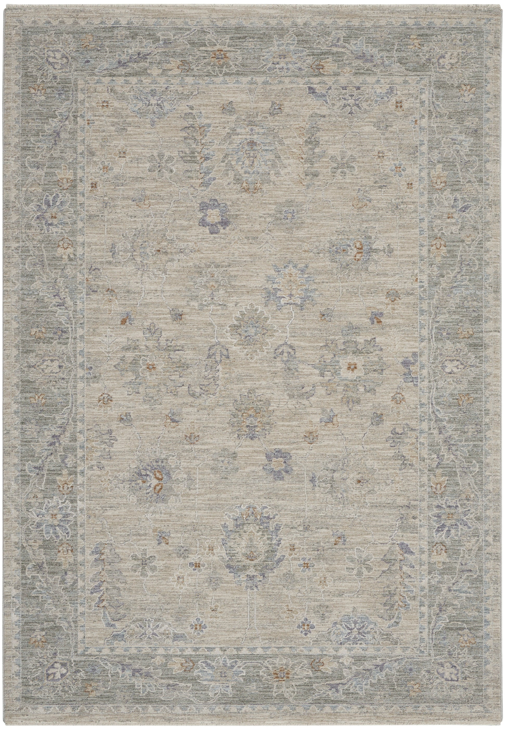 Neutral distressed oriental rug with light beige field, blue-gray floral border and scattered blue and brown blossoms.