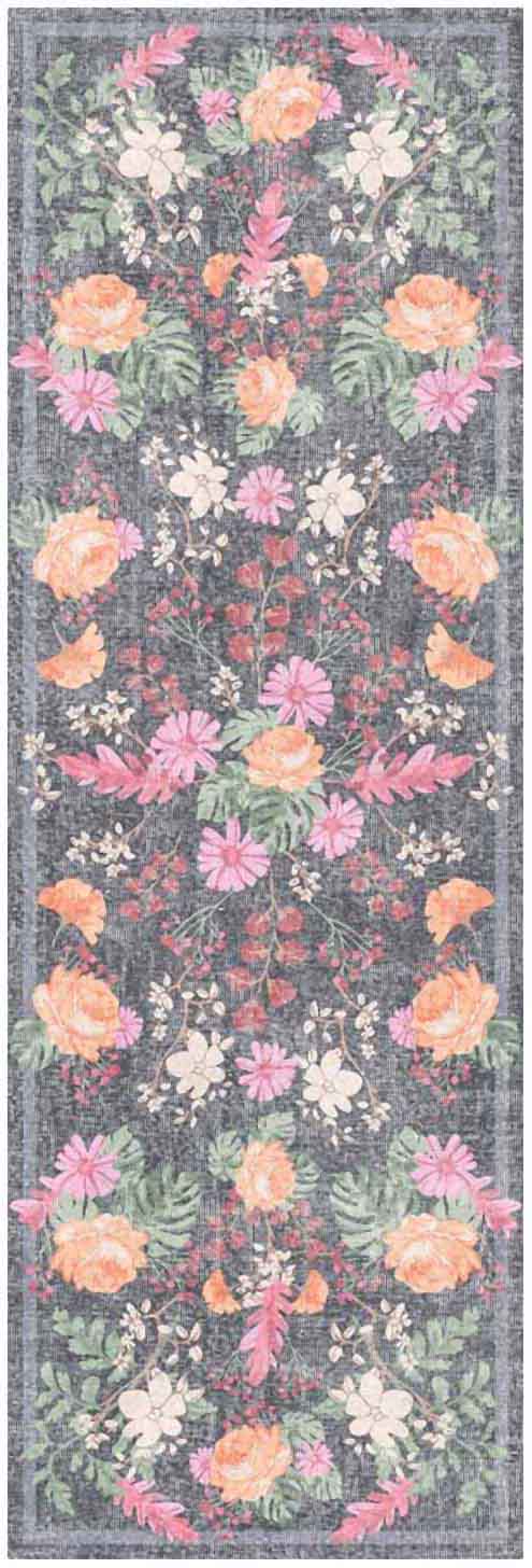 Narrow floral runner rug with a grey background featuring peach roses, pink blossoms, white daisies and green ferns in a garden pattern.