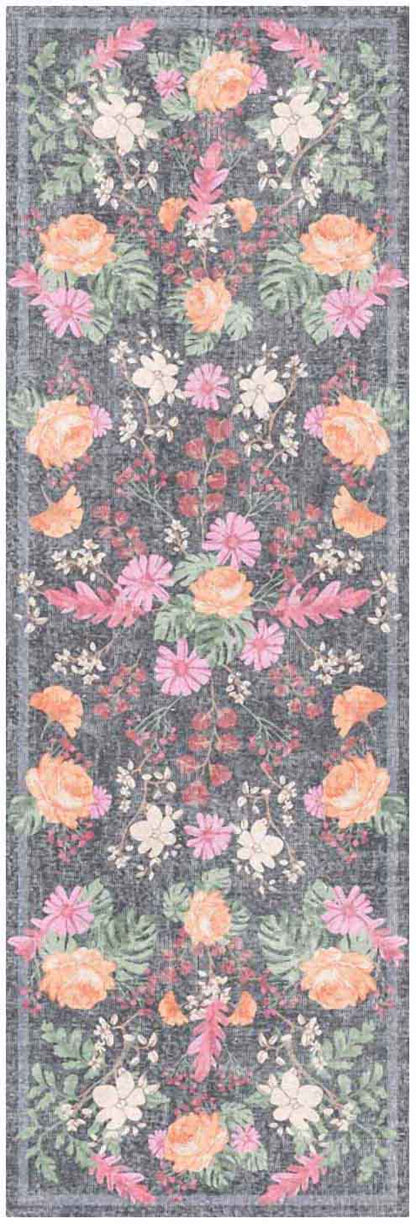 Narrow floral runner rug with a grey background featuring peach roses, pink blossoms, white daisies and green ferns in a garden pattern.