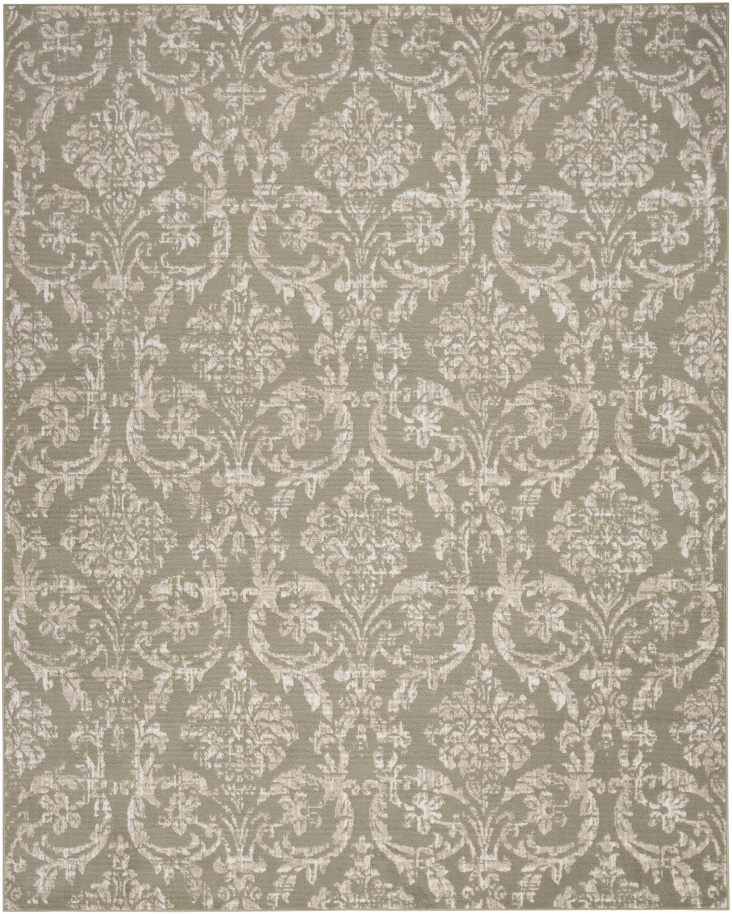 Taupe damask rug with cream ornate floral scroll pattern in a repeating motif.