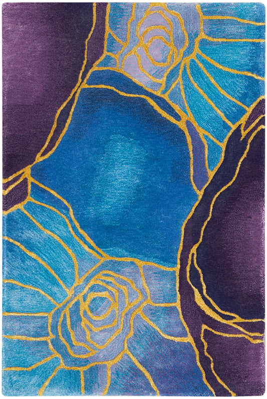 Abstract rug with blue, teal and purple petals outlined in gold, rose-inspired floral pattern.