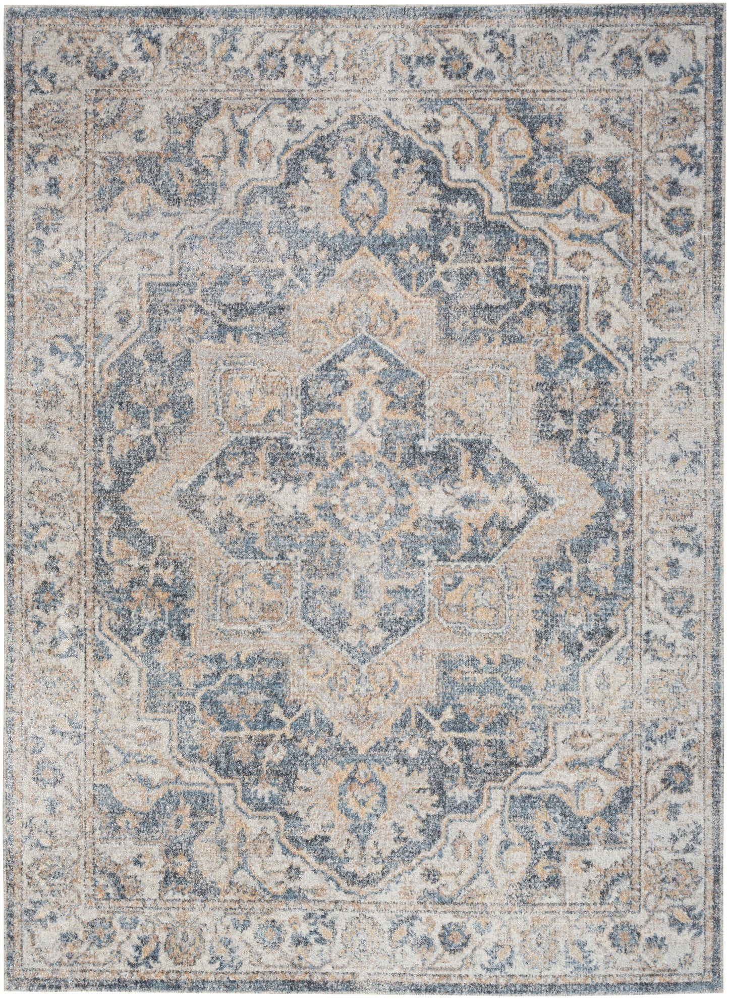 Blue beige distressed oriental rug with central medallion and ornate border, vintage floral pattern.
