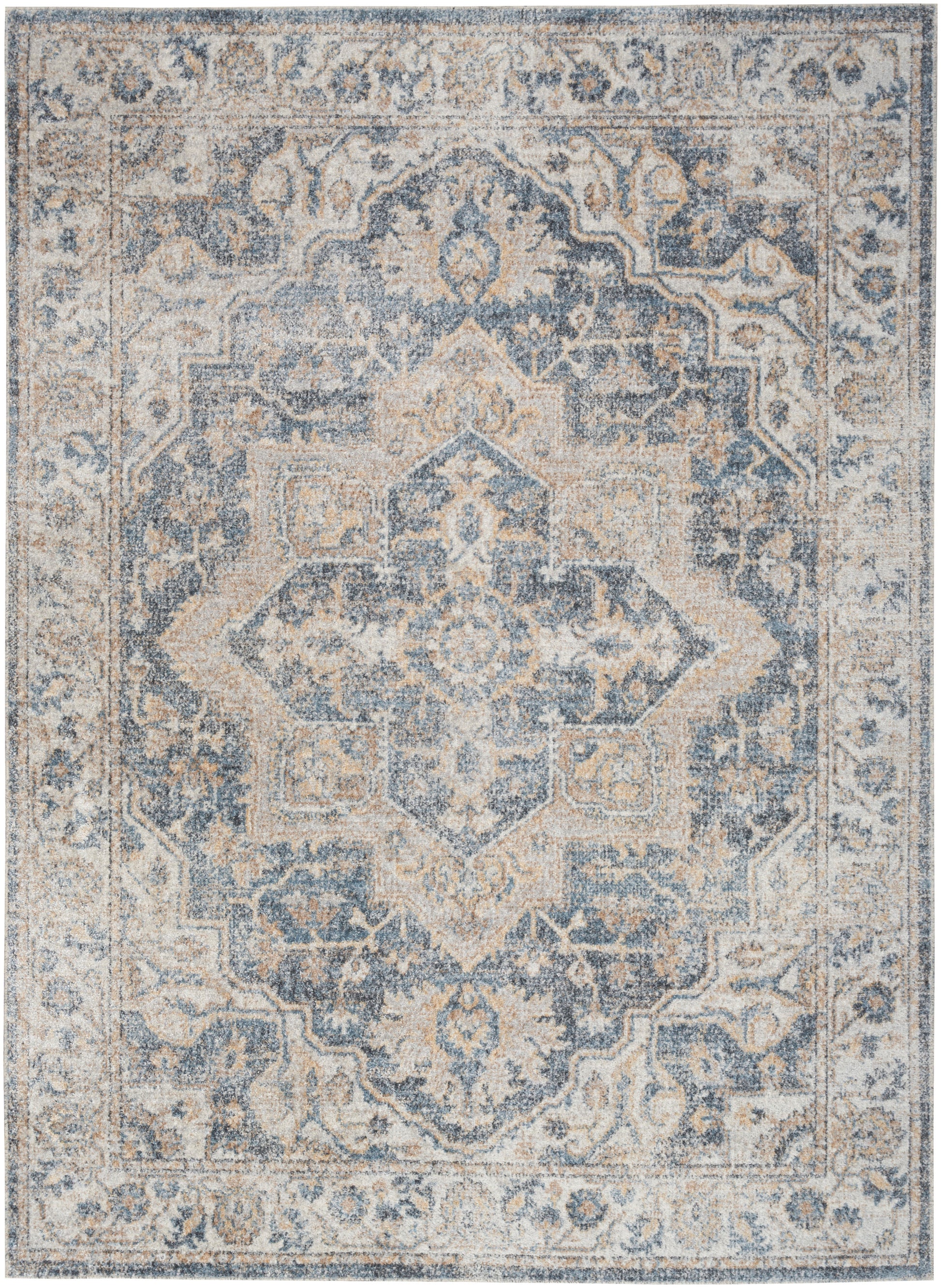 Blue beige distressed oriental rug with central medallion and ornate border, vintage floral pattern.