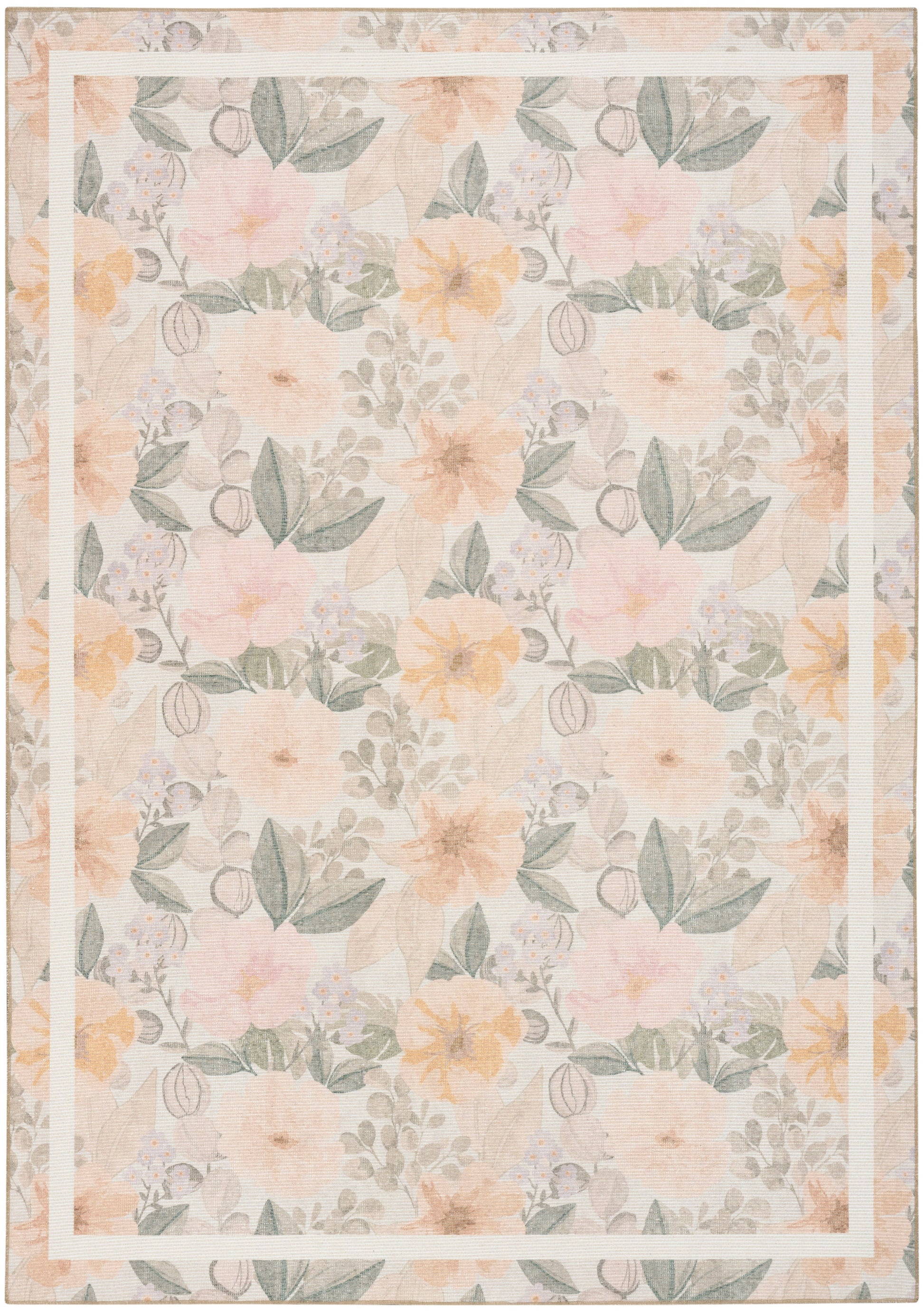 Pastel floral pattern with peach and yellow blossoms and grey-green leaves on light beige; rug.