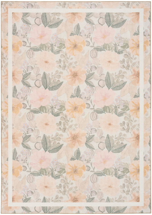 Pastel floral pattern with peach and yellow blossoms and grey-green leaves on light beige; rug.