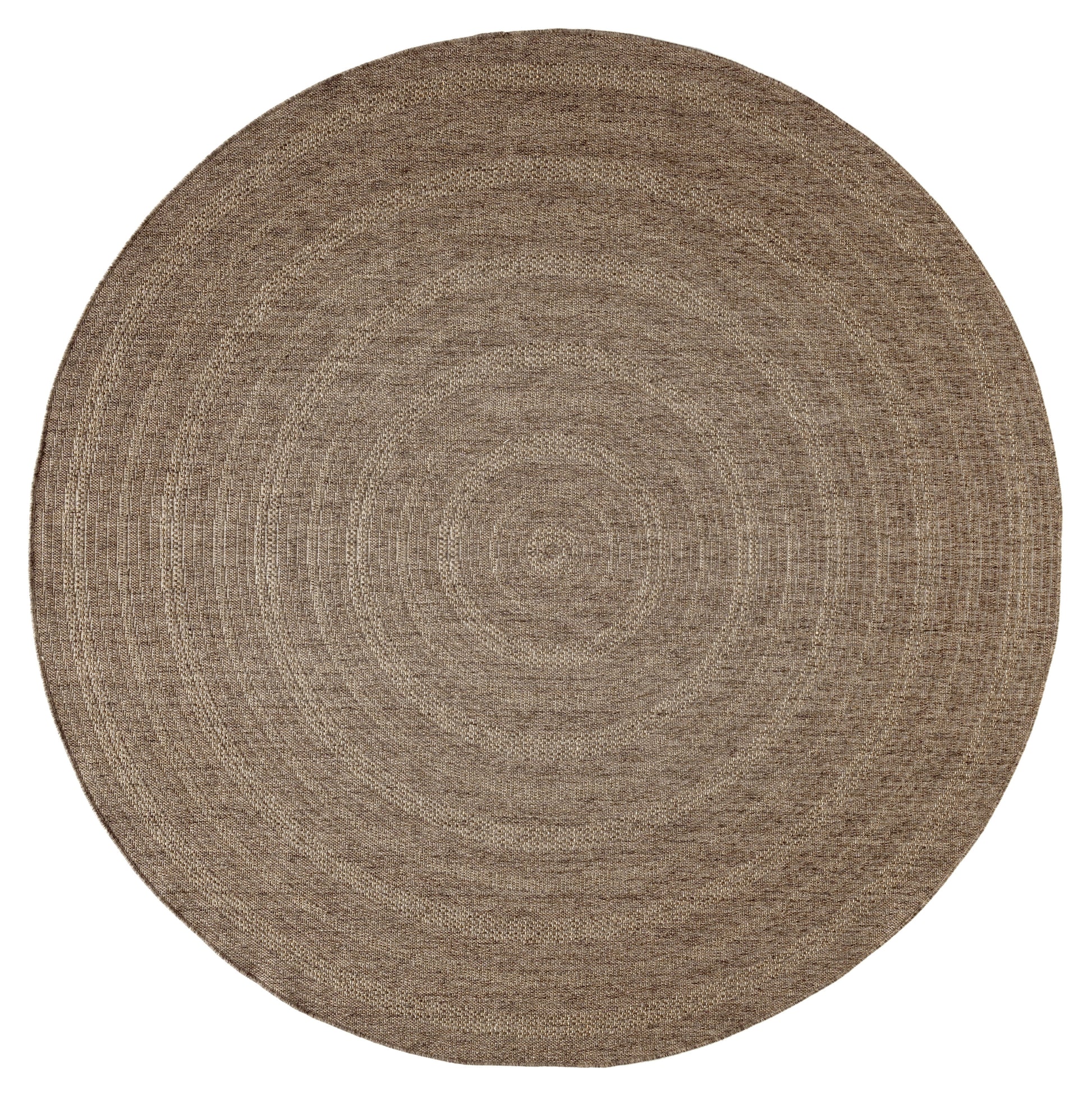 Natural round jute rug with braided concentric rings in warm beige-brown, rustic boho style.