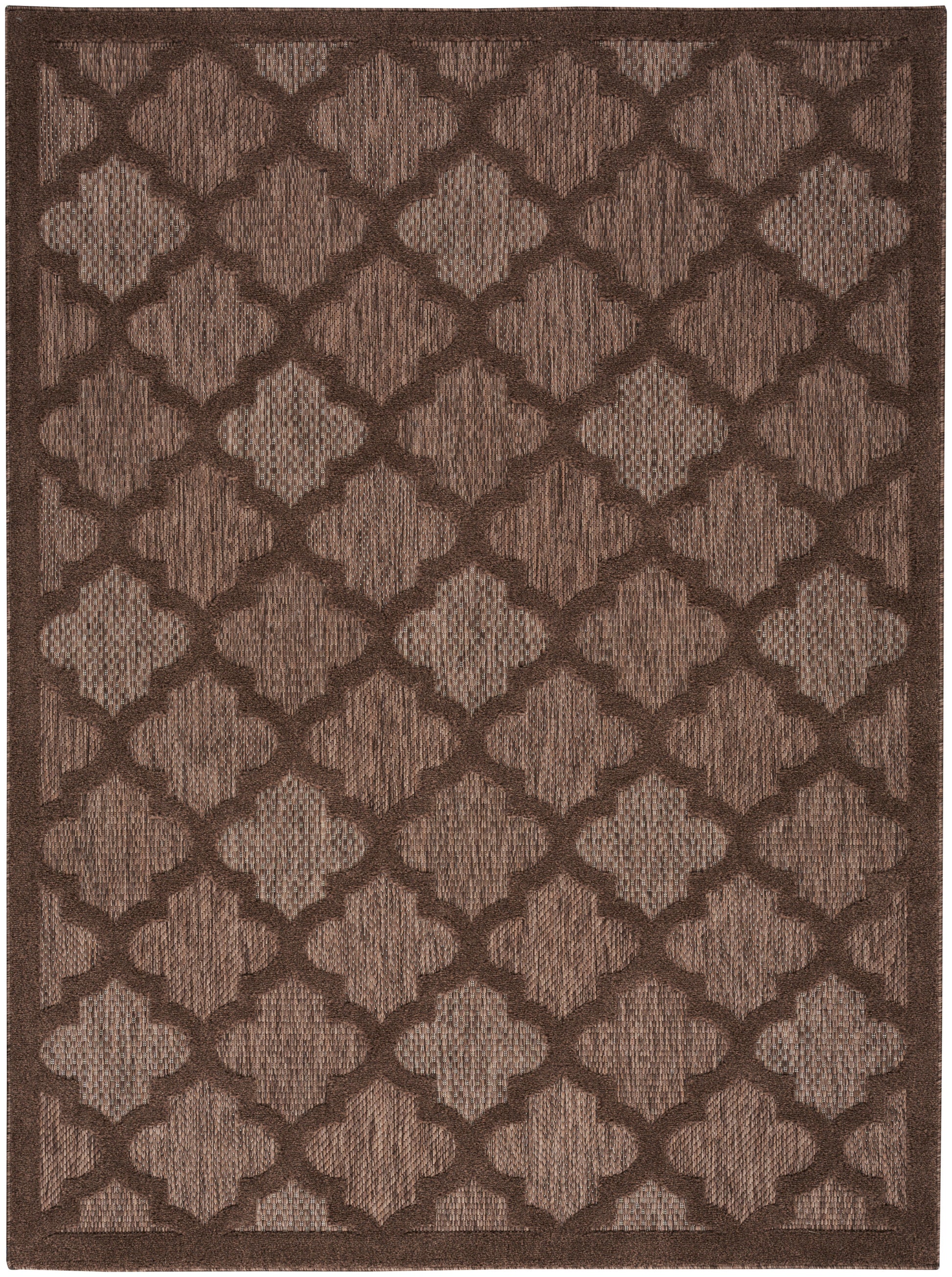 Brown rectangular rug with repeating dark brown quatrefoil lattice pattern and textured weave.