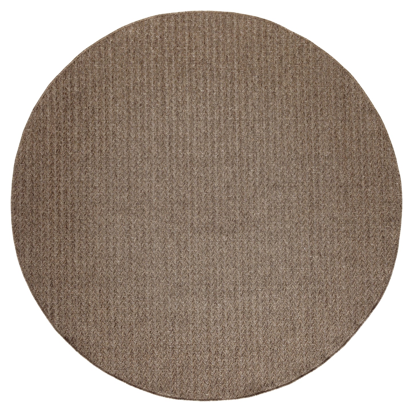 Round taupe woven rug with a textured loop pattern, soft neutral floor decor.