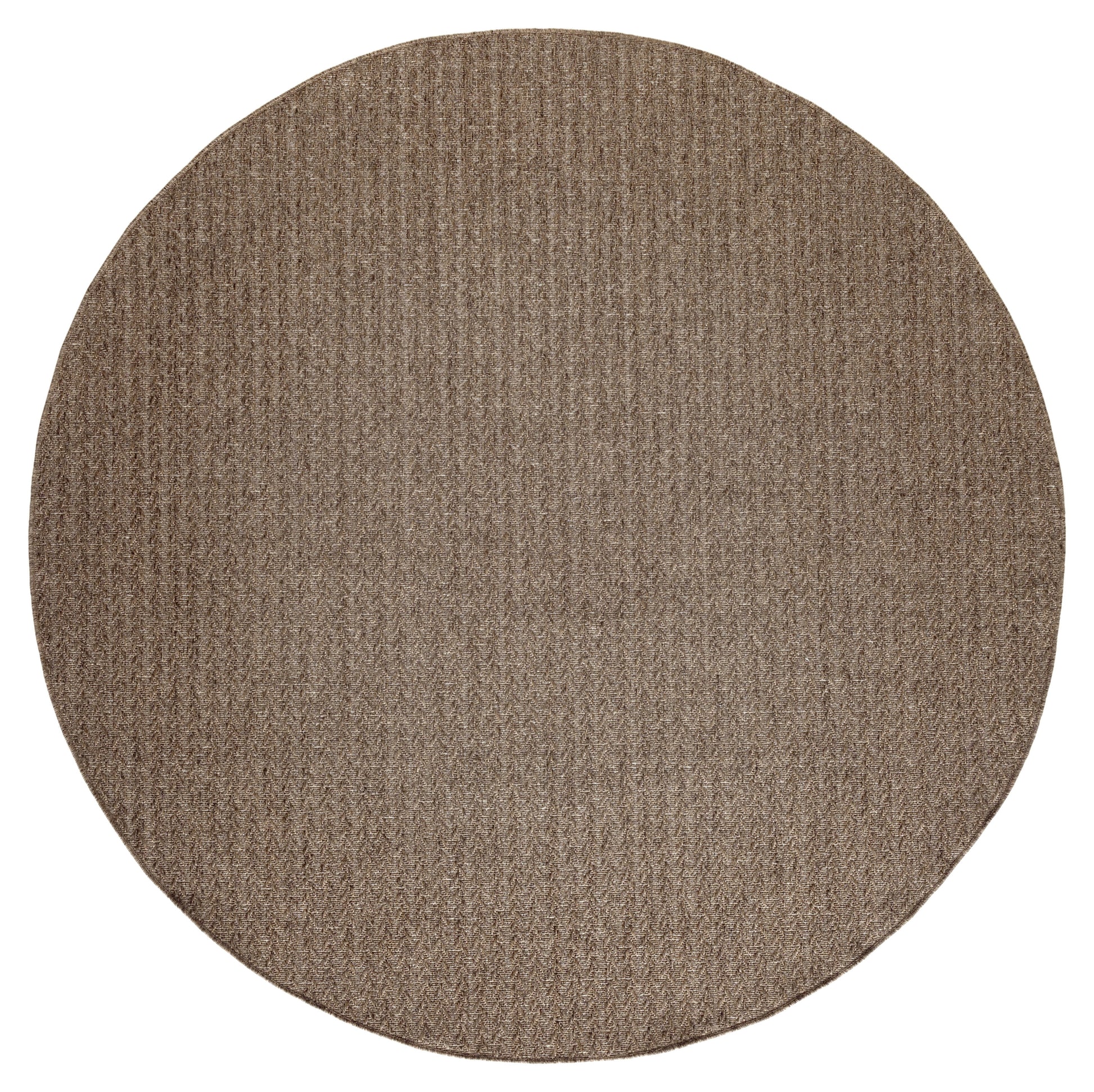 Round taupe woven rug with a textured loop pattern, soft neutral floor decor.