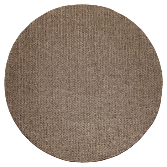 Round taupe woven rug with a textured loop pattern, soft neutral floor decor.