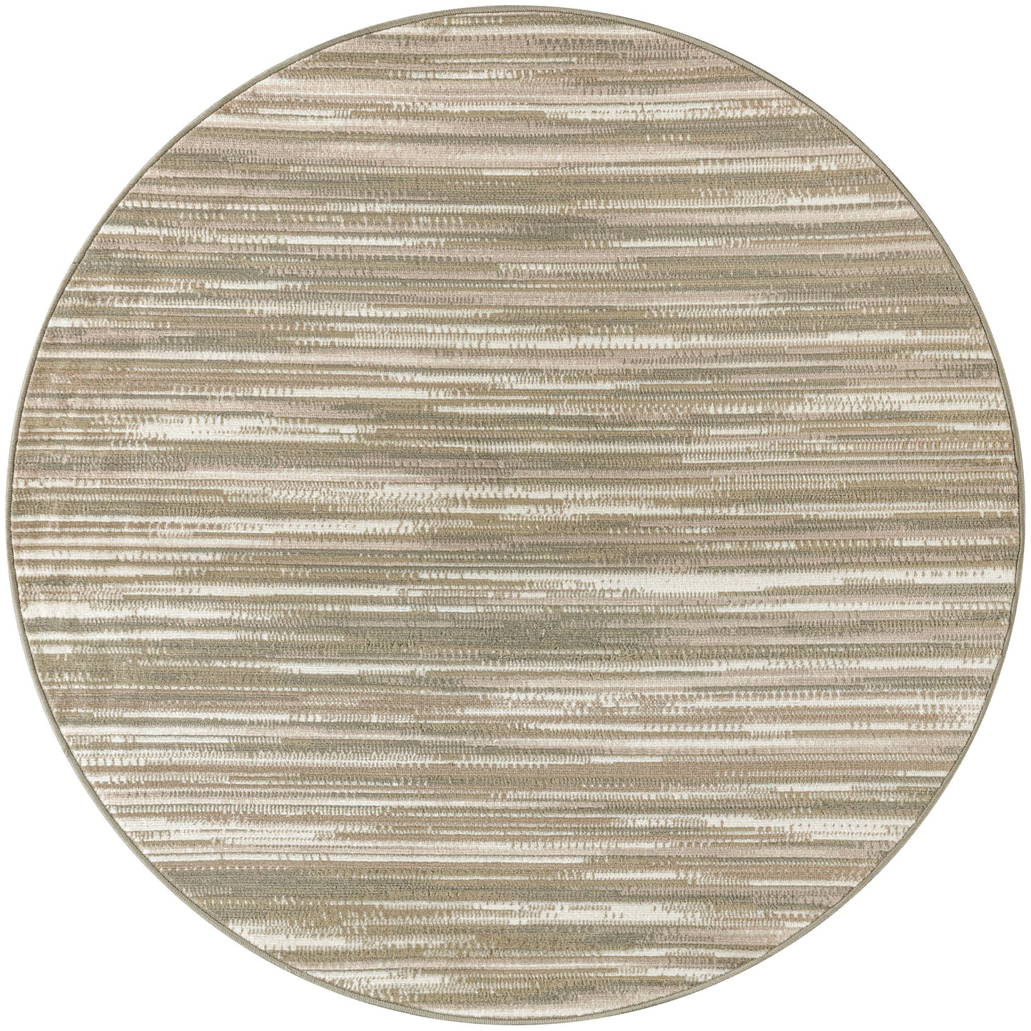 Round beige rug with irregular horizontal tan and cream stripes; soft, textured surface for neutral living spaces.