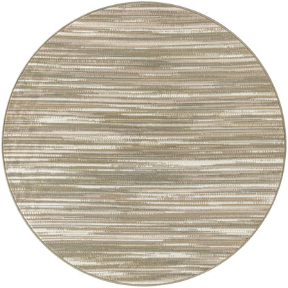 Round beige rug with irregular horizontal tan and cream stripes; soft, textured surface for neutral living spaces.