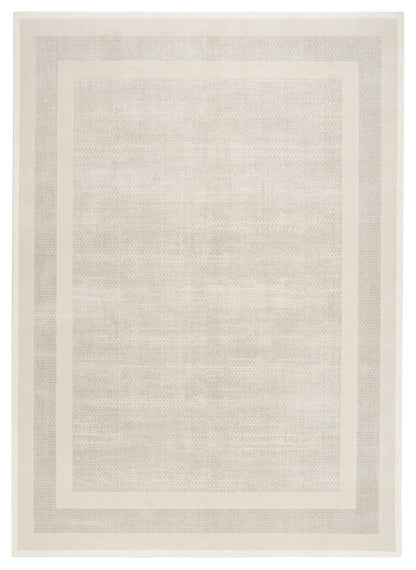 Neutral cream rectangular rug with layered beige borders and a soft textured center, modern minimalist style.