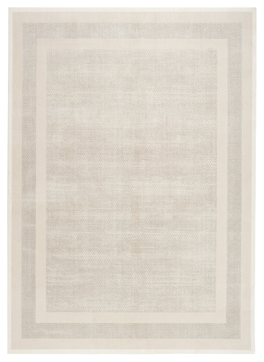 Neutral cream rectangular rug with layered beige borders and a soft textured center, modern minimalist style.
