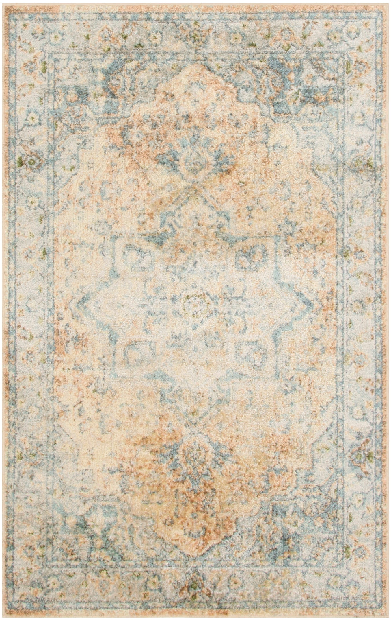 Distressed light-blue and ivory oriental rug with peach accents and a central medallion; vintage rectangular.