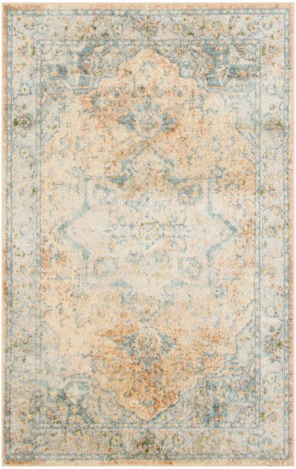Distressed light-blue and ivory oriental rug with peach accents and a central medallion; vintage rectangular.