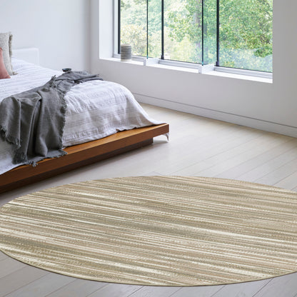 Beige round striped rug on light wood floor in a bright minimalist bedroom beside a low wooden platform bed.