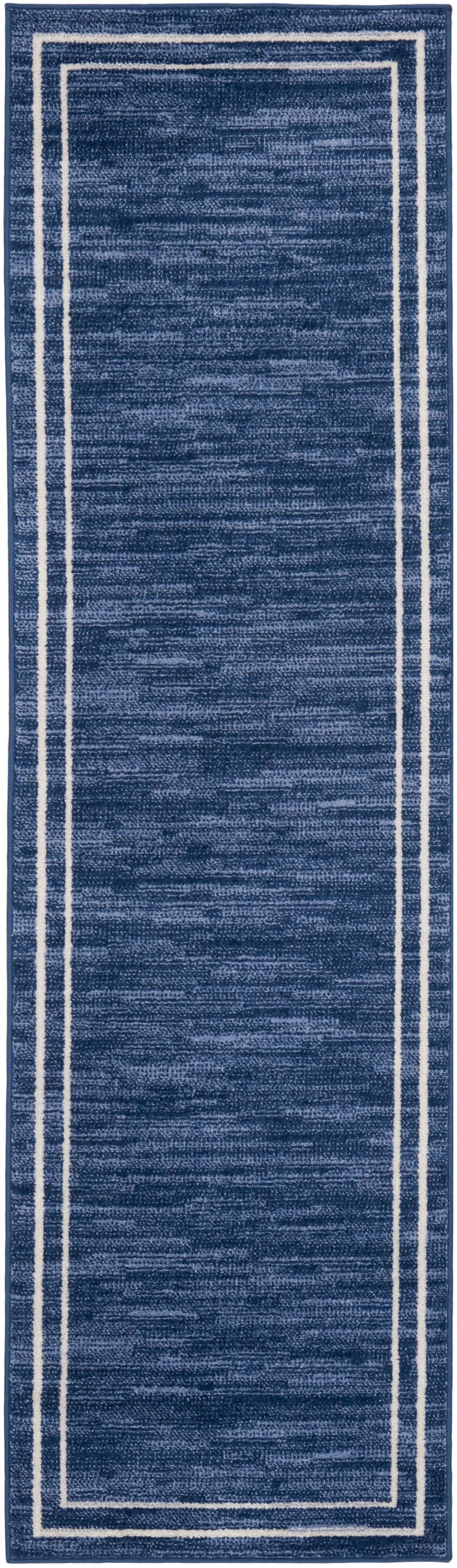 Navy blue rectangular runner rug with white double borders and textured woven surface.