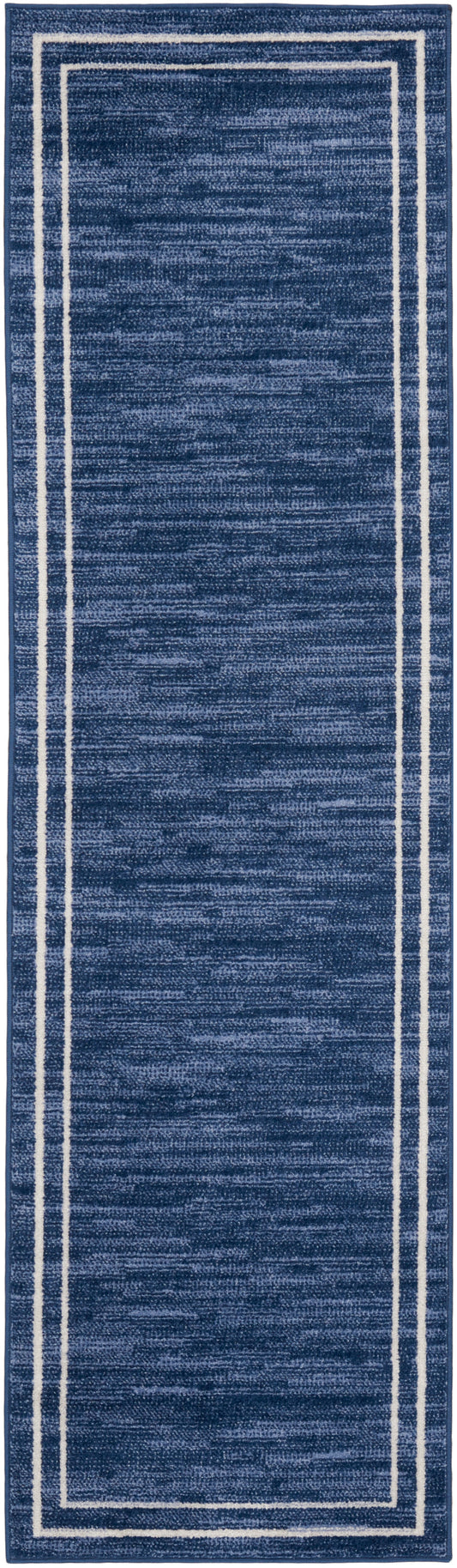 Navy blue rectangular runner rug with white double borders and textured woven surface.