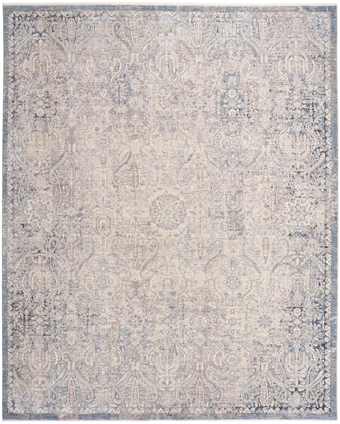 Blue-gray and ivory distressed floral rug with ornate border; vintage Persian-inspired woven area rug.