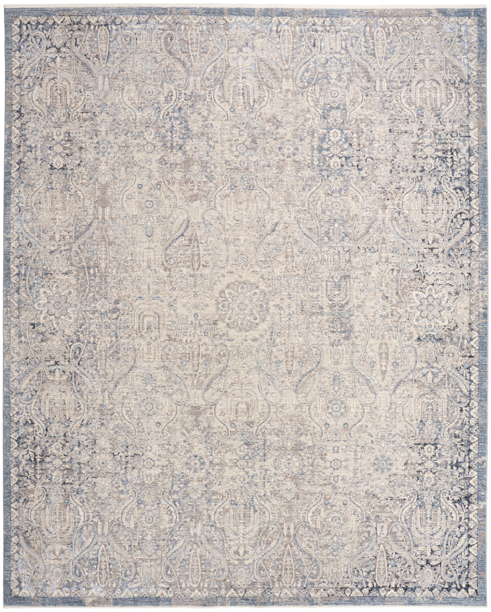 Blue-gray and ivory distressed floral rug with ornate border; vintage Persian-inspired woven area rug.