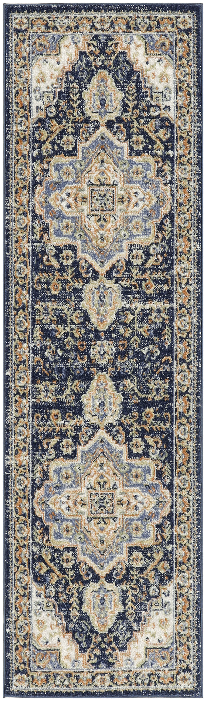 Navy blue Persian-style runner rug with ivory, peach and light blue medallion motifs and ornate floral borders