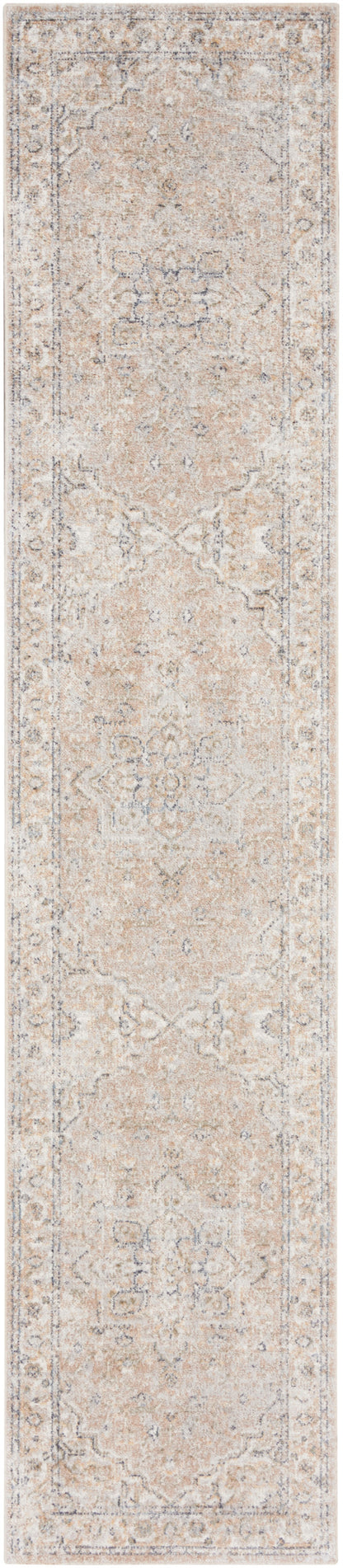 Cream ivory distressed oriental runner rug, long and narrow, with subtle border motifs and vintage floral pattern.
