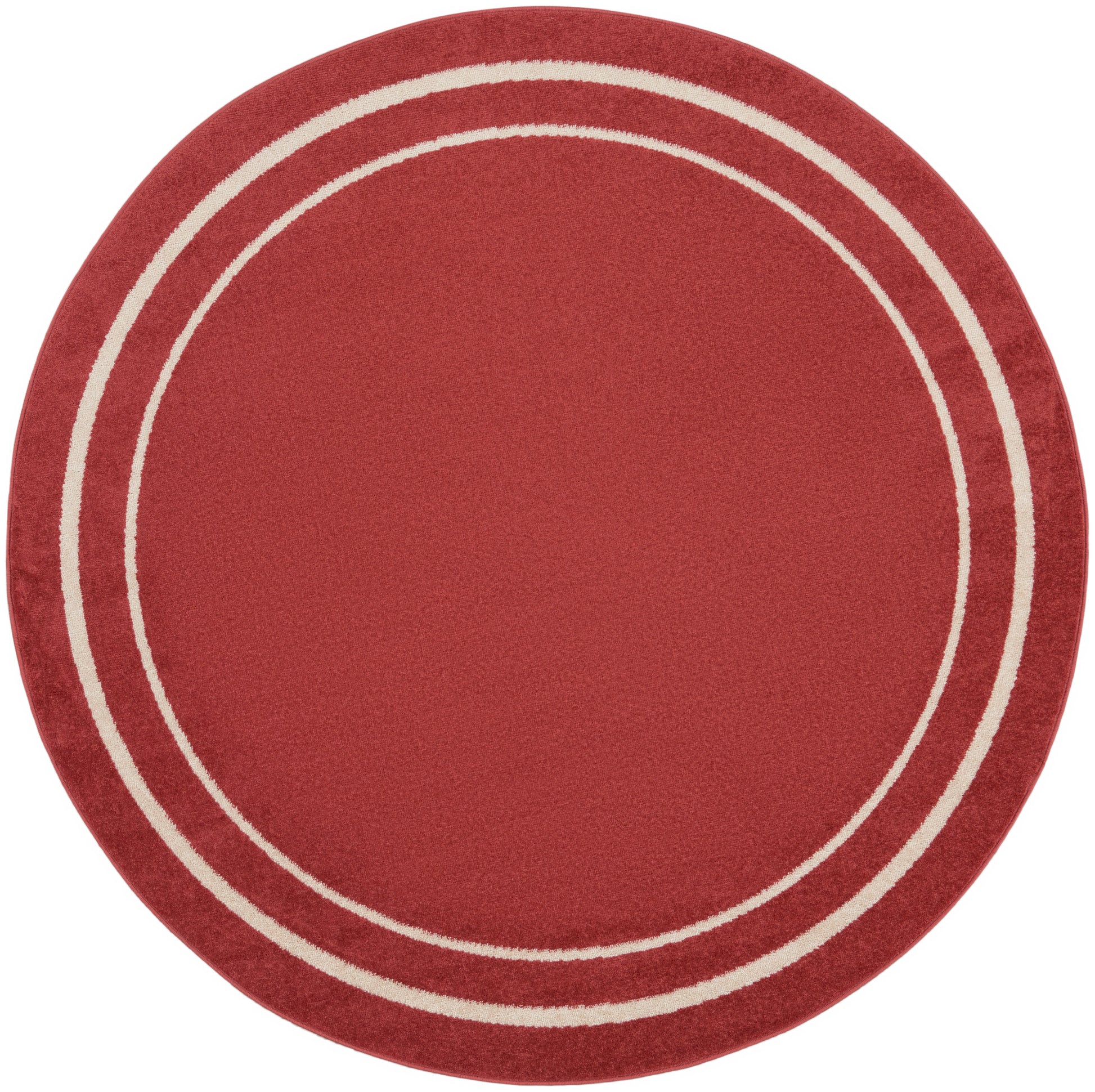 Round red rug with two cream concentric rings along the edge; soft plush texture, modern home decor.