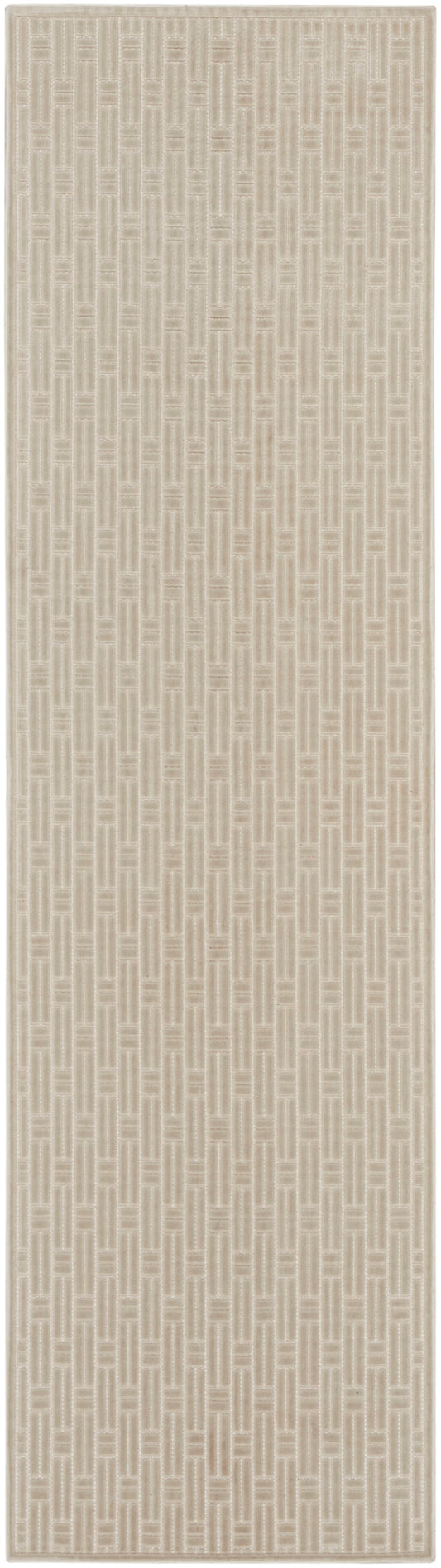 Beige rug runner with a subtle vertical geometric lattice pattern; neutral floor decor for living spaces, 8' long.