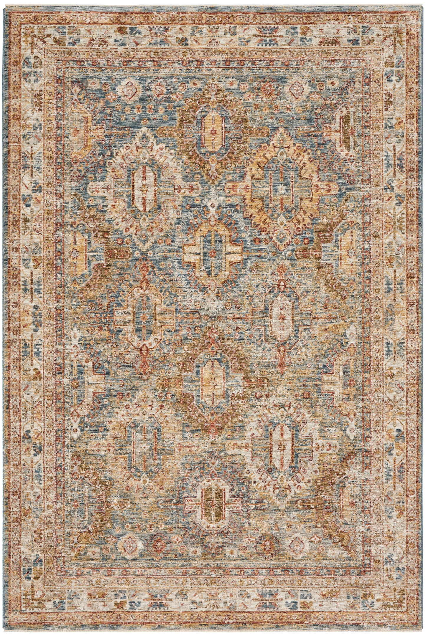 Persian-inspired area rug with blue field, ivory, rust and gold motifs, and a warm beige bordered edge.