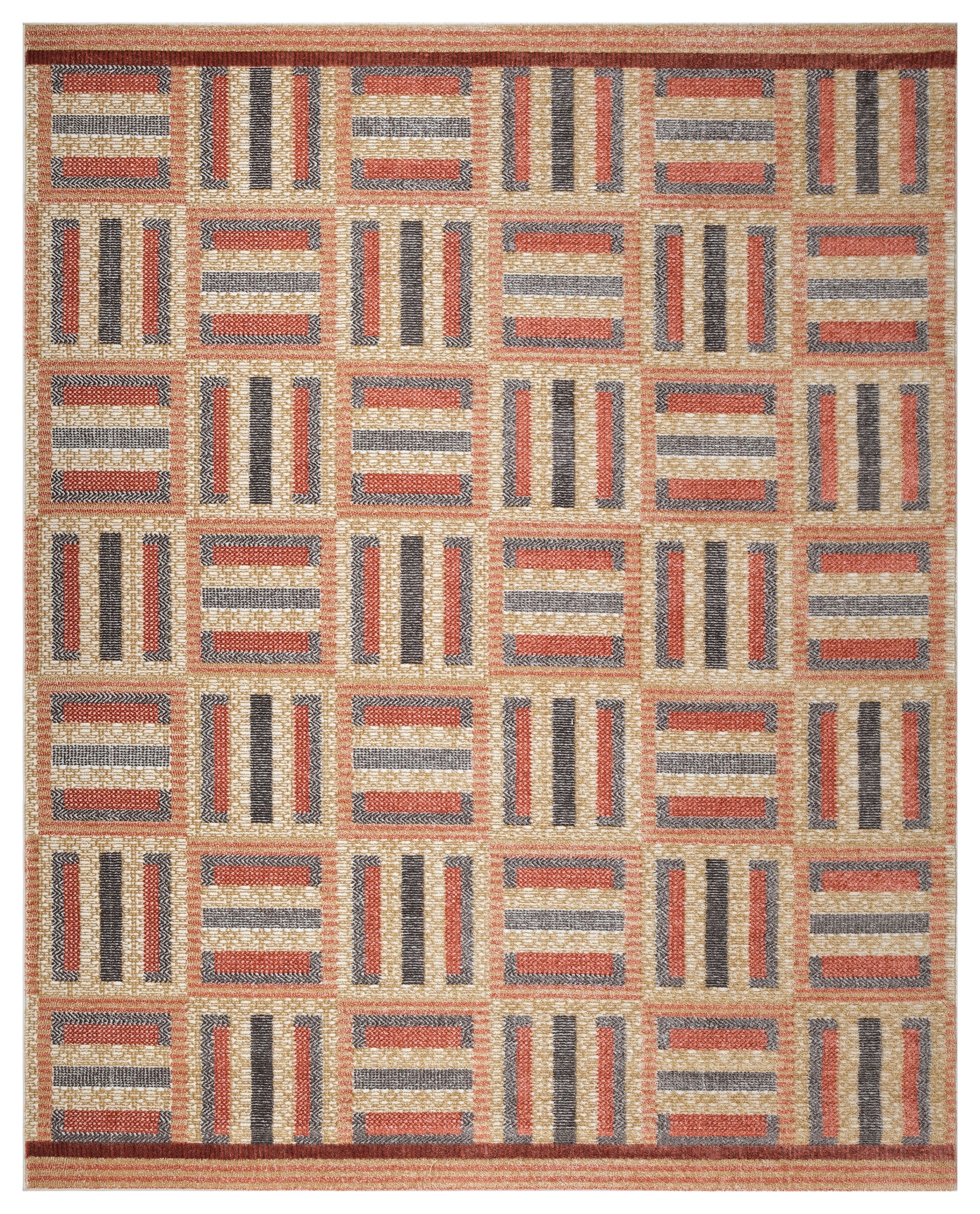 Geometric woven area rug with beige grid and orange, rust, charcoal and gray striped rectangles; warm earthy tones