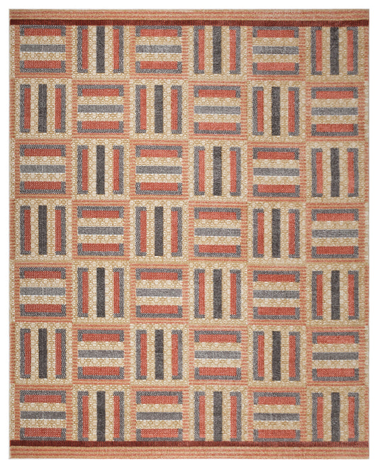 Geometric woven area rug with beige grid and orange, rust, charcoal and gray striped rectangles; warm earthy tones