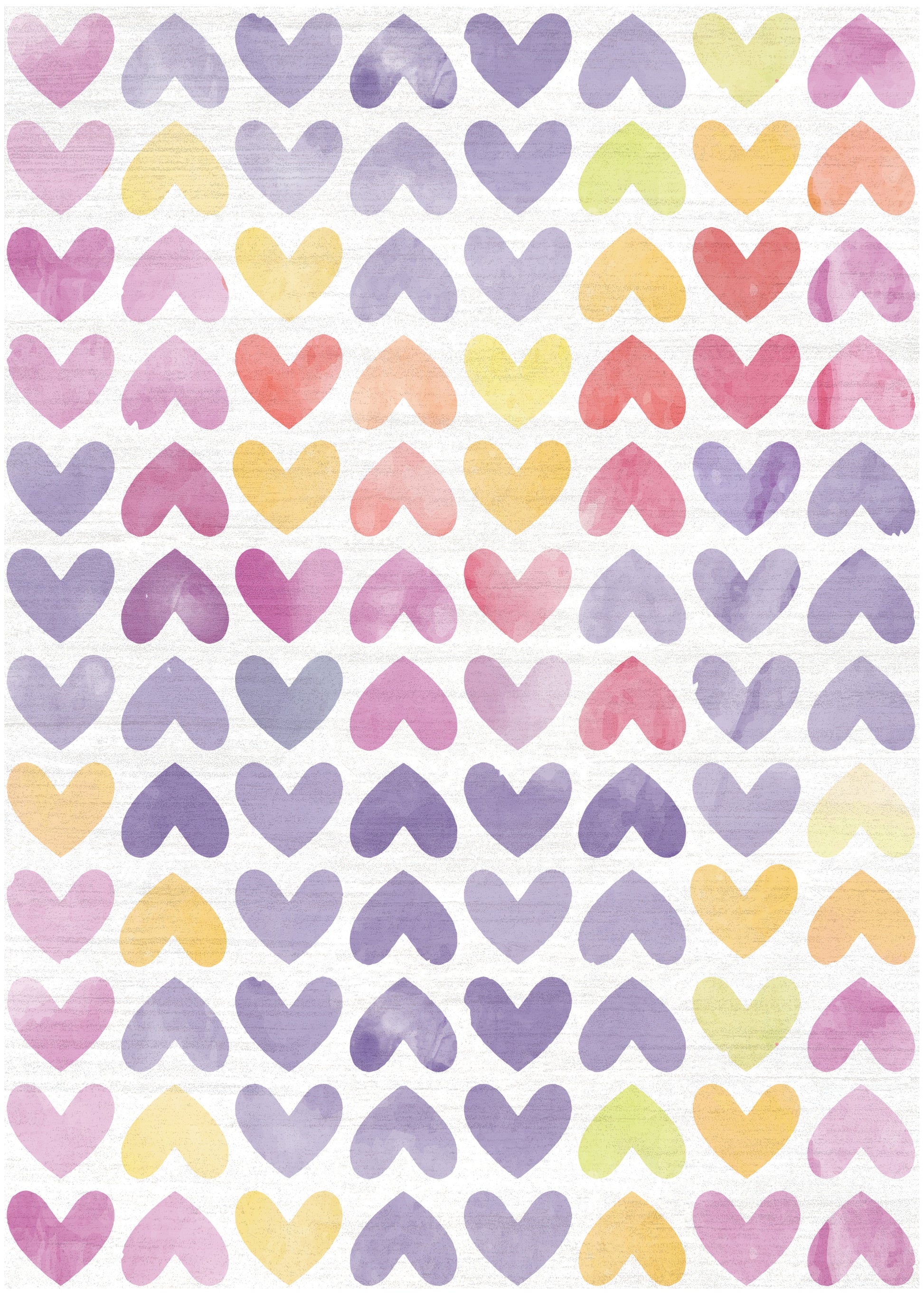 Pastel watercolor hearts in a repeating grid pattern, pink purple yellow orange on a light textured background.